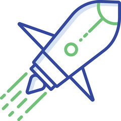 Retro rocket ship launching into space with stars and planets