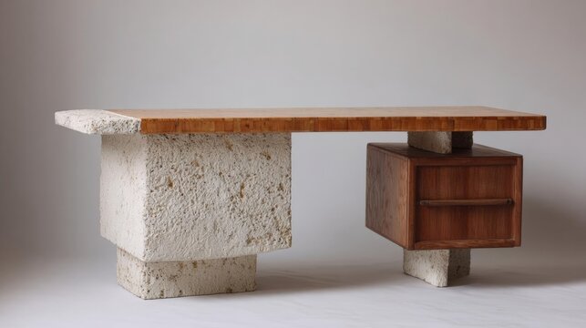 Wooden desk with a rectangular top and a small wooden cabinet on the right side. the desk is made of a light-colored wood, possibly walnut or oak, and has a natural finish.