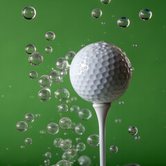 Close-up of a white golf ball on a tee with green grass and blue sky on a summer golf course