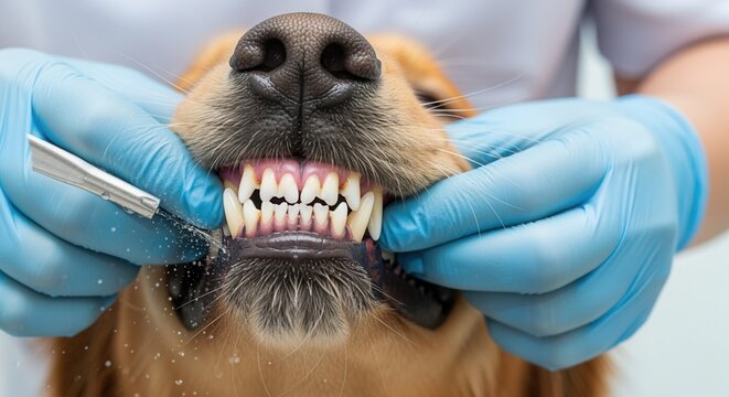A veterinarian cleans a dog's teeth with an ultrasonic scaler in a clinic. Close-up of a professional canine dental procedure. Pet healthcare and oral hygiene concept