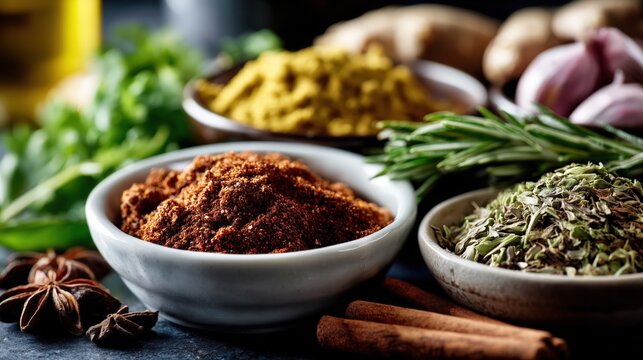 Assorted herbs and spices creating culinary flavors - Powered by Adobe