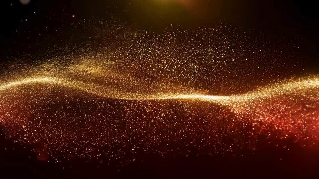 Luxurious golden dust particles flowing in a smooth horizontal wave. Abstract cinematic gold sand or energy stream motion background.