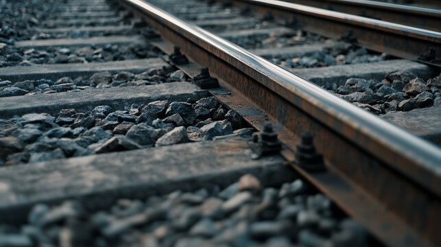 A close-up shot captures the essence of railway tracks, set against a backdrop of crushed stones. The composition highlights the convergence of industry and nature.