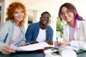 Diverse group of young adults studying together