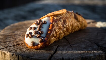 Obraz premium Crispy Italian Cannoli Pastry Shells Filled with Sweet Creamy Ricotta Cheese and Miniature Chocolate Chips