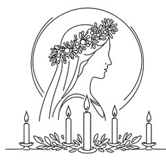 Naklejka premium Santa Lucia – Швеция – Outline Minimal Vector, Candle Wreath Crown