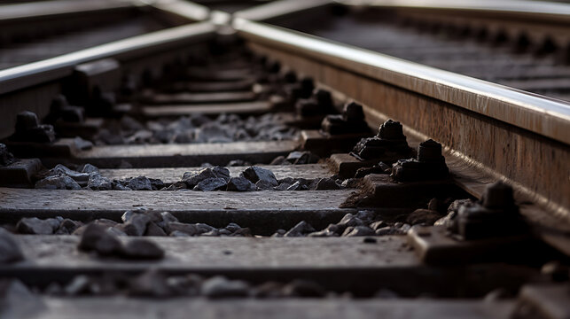 A perspective shot that focuses on the convergence of train tracks. It captures the gritty texture of the gravel and the weathered steel, evoking a sense of travel. - Powered by Adobe
