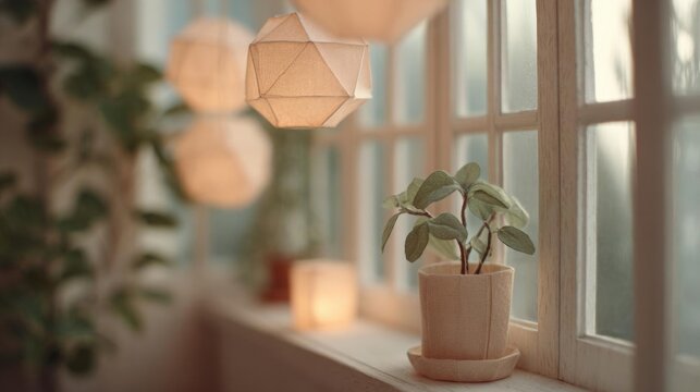 Window sill with a potted plant on it. the window is open and there are several paper lanterns hanging from the ceiling. the lanterns are made of a light-colored fabric and have a geometric design.
