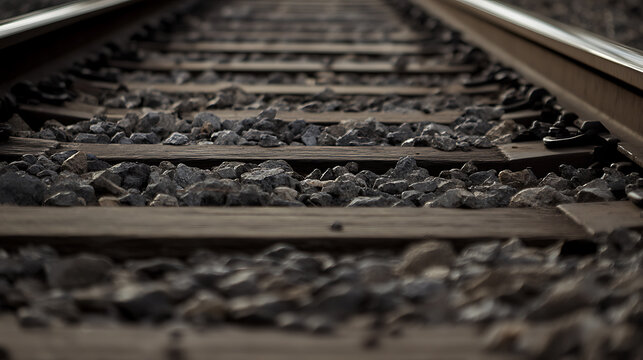 Railroad tracks stretch into the distance, the parallel lines converging towards the horizon. The wooden planks and rocky ballast create a sense of rustic charm and industrial strength.