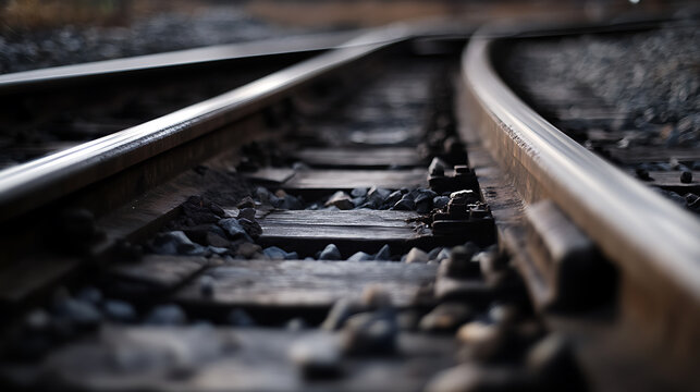 Metal train tracks converge, leading into the distance. Wooden railway ties are nestled between the rails and ballast stones. The sunlight glints off the metal.