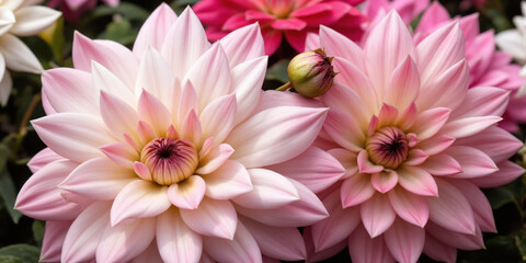 Obraz premium Dahlia Flowers Close Up Bouquet Pink White Burgundy Petals Texture Bloom Floral Background Garden Summer Autumn Bloom Romantic Beautiful Bunch