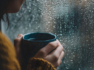 Person holds ceramic mug while gazing out window covered in raindrops, creating cozy and contemplative mood on rainy day indoors