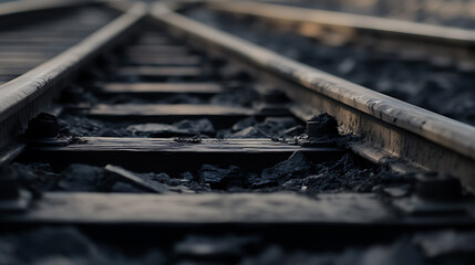 A close-up shot captures the intersection of rustic railroad tracks, blending the raw texture of stone ballast with the symmetry of parallel lines under muted natural light.