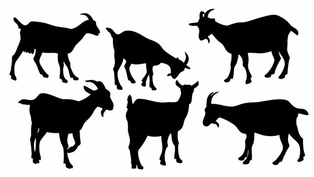 Silhouette depiction of a group of goats in various poses against a white background showcasing diversity