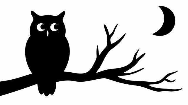 Silhouette of an owl perched on a branch under a crescent moon in a night time scene illustration
