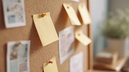 Cork bulletin board with several yellow sticky notes pinned to it. the notes are of different sizes and shapes, and they are arranged in a scattered manner.