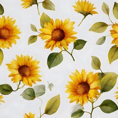 Bright Sunflowers and Green Leaves on White Background Decoration