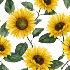 Vibrant Sunflowers with Green Leaves on White Background