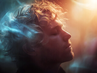 Dreamy portrait of young man with curly hair and closed eyes, surrounded by soft glowing light and ethereal mist, expressing calm and peaceful meditation