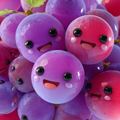 Cute Colorful Cartoon Grapes with Smiley Faces and Glossy Finish