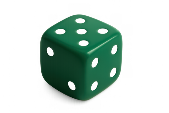 Green casino dice showing number five up, symbolizing luck, chance, game, gambling, and probability
