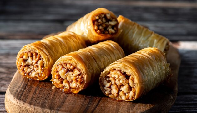 Perfectly Baked Golden Baklava Rolls Traditional Turkish Dessert Highlighted by Walnuts and Sweet Syrup