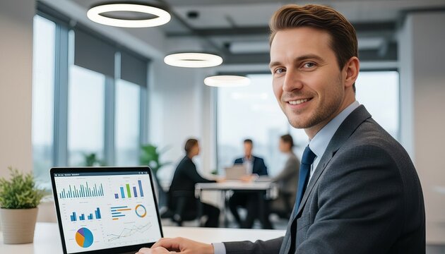 Confident and smiling male data analyst working on computer displaying colorful graphs and charts in office