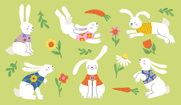 Rabbits collection. Vector illustration of cute cartoon white bunnies in vests in different poses and actions: sitting, jumping laying. Isolated. Spring flowers and Easter hare set.