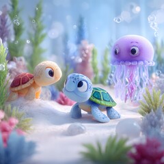 Colorful Cartoon Turtles and Jellyfish in Underwater Fantasy Scene