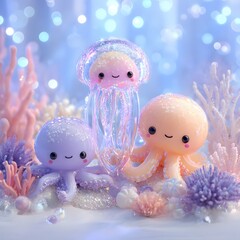 Cute pastel jellyfish and octopus characters in colorful underwater scene