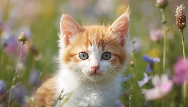 Ginger Kitten in a Colorful Meadow, Illuminated by Gentle Sunlight and Floral Accents.