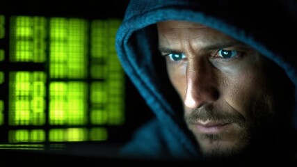 Man in a hood, face in shadows, eyes focused with a green grid of light in the background - Powered by Adobe