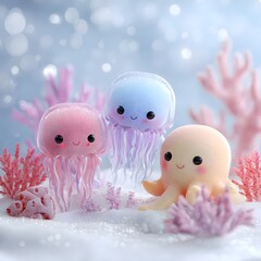 Cute Cartoon Jellyfish in Underwater Scene with Colorful Coral