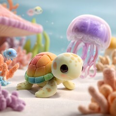 Cute Plush Turtle and Jellyfish Among Colorful Coral Reef Scene