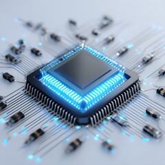 Futuristic Microchip Design with Electric Circuits and Blue Lights