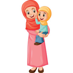 Mother Wearing Red Headscarf Holding Child Wearing Yellow Headscarf and Blue Shirt and Jeans with Brown Shoes in White Background