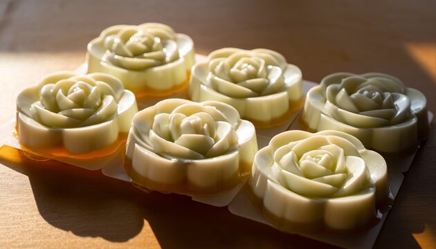 Delicate Thai Coconut Jelly Wun Kati Cast into Beautiful Flower Shape Molds and Served Chilled