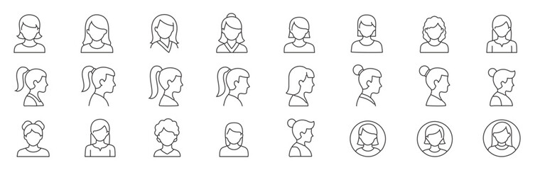 Mega Collection of Female avatar and profile line icons – editable stroke outline, front and side views with various hairstyles, woman, user, business, and professional portrait