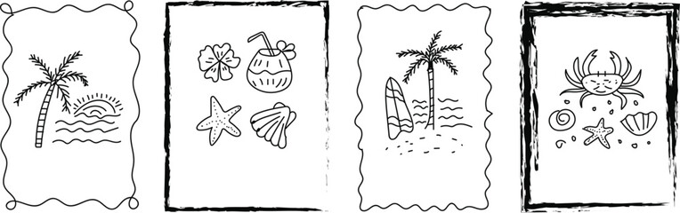 Ancient chinese oracle bone script depicting nautical themes and symbols Four oracle bone script inscriptions, featuring stylized crabs, palm trees, waves, and Chinese characters, likely related to an