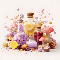 Colorful Display of Bottles with Dried Flowers and Sweet Treats