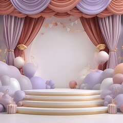 Elegant Stage with Draped Curtains and Soft Colorful Decorations