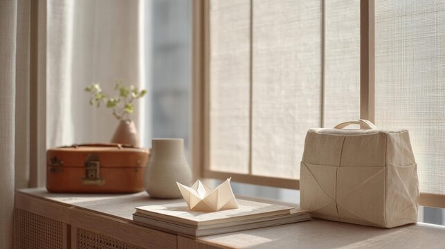 Wooden table with a few items on it. on the left side of the table, there is an orange suitcase with a lock and a small vase with white flowers.