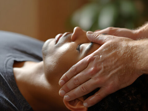 Head massage relaxation therapy wellness spa gentle touch stress relief calm peaceful person lying down person receives gentle head massage promoting relaxation and stress relief calm peaceful - Powered by Adobe