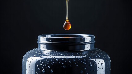 Golden honey drop falling into glass jar on dark background symbolizing natural sweetness and healthy food
