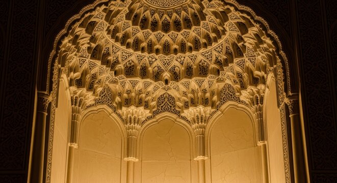 Intricate islamic architecture with ornate geometric patterns and illuminated arches - Powered by Adobe