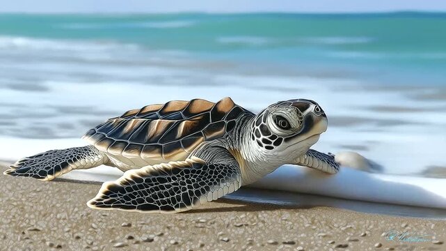 Turtle hatching beach tiny flippers sand crawl, ocean call, cute migrate, photorealistic spied by a wildlife baby artist.