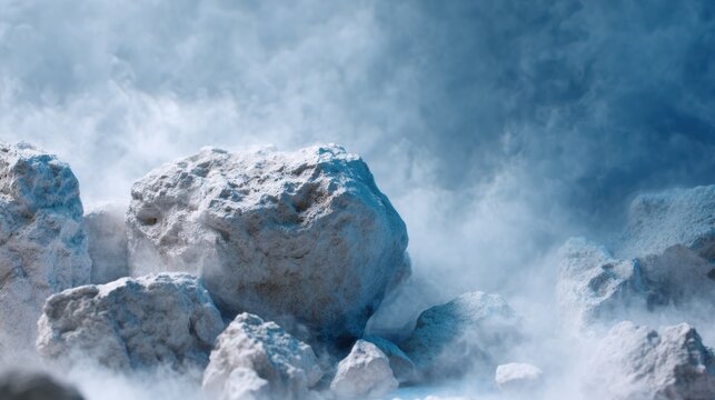 Natural wellness background with calming blue vapor and textured minerals, organic composition for spa branding, website hero banner, social media marketing

