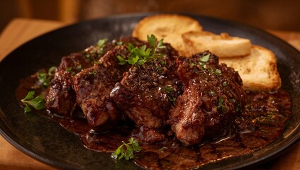Glazed Morsels with Herbs on a Dark Plate, Complemented by Slices of Golden Bread.