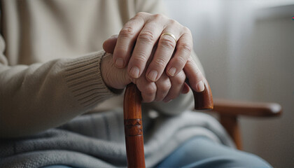 Close-up of an elderly man's wrinkled hands resting on a wooden walking cane. Senior person with a wedding ring sitting down. Aging and retirement lifestyle concept