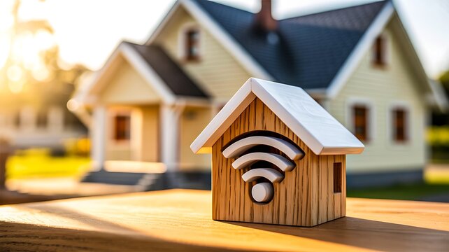 Smart home technology concept with wooden house model and Wi-Fi symbol in front of real house at sunset
